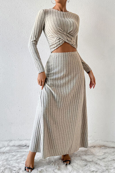 Ribbed Plush Knoted Top and Skirt Set