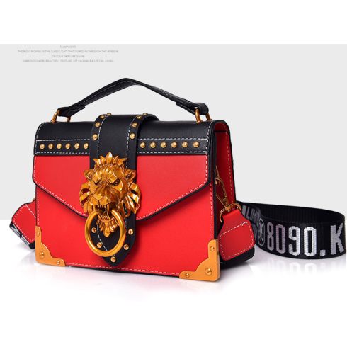 shoulder handbag with metal lion head closure, red, angled view, white background