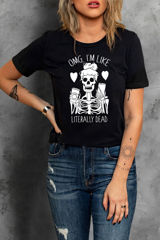 Camiseta de cuello redondo con gráfico de esqueleto de Halloween