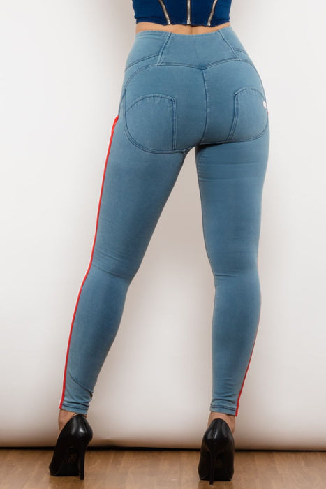 Side Stripe Contrast Zip Closure Skinny Jeans - Light Blue