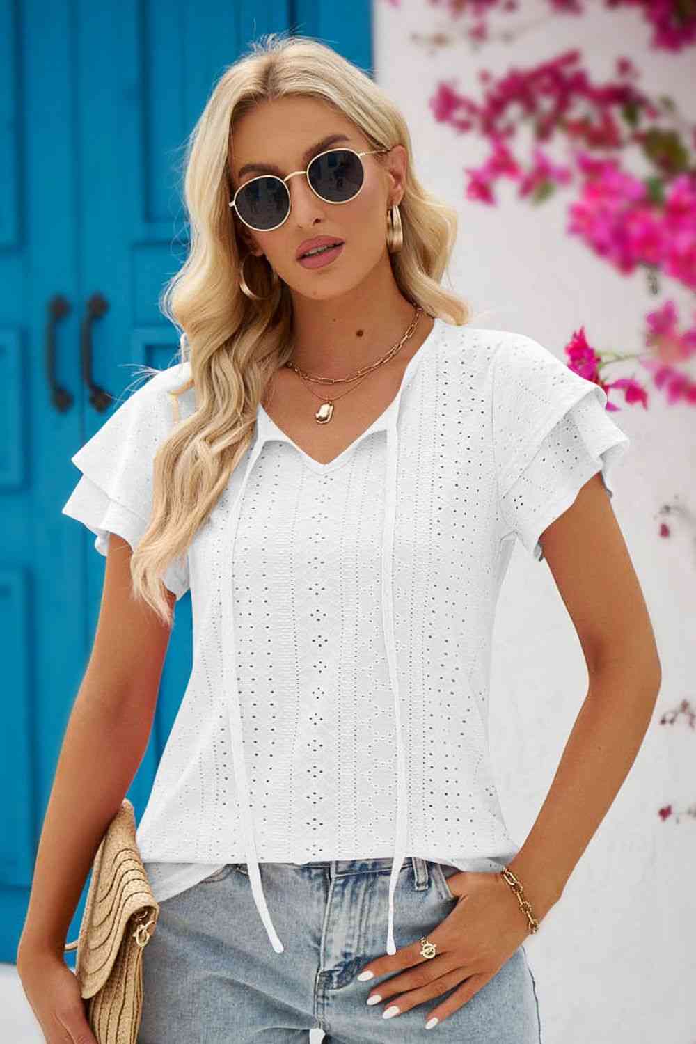 Tie-Neck Flutter Sleeve Blouse with Eyelet Accents