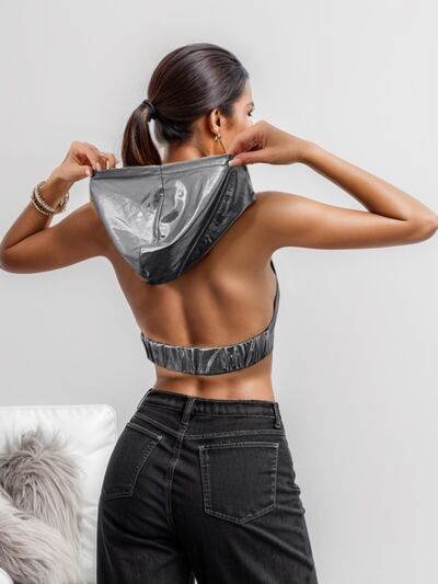 Metallic-look Backless Hooded Cropped Tank