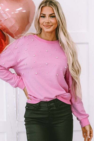 Round Neck Dropped Shoulder Sweatshirt with Pearl Accents