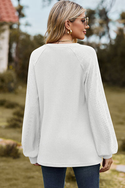 Notched Raglan Sleeve T-Shirt with Eyelet Accents