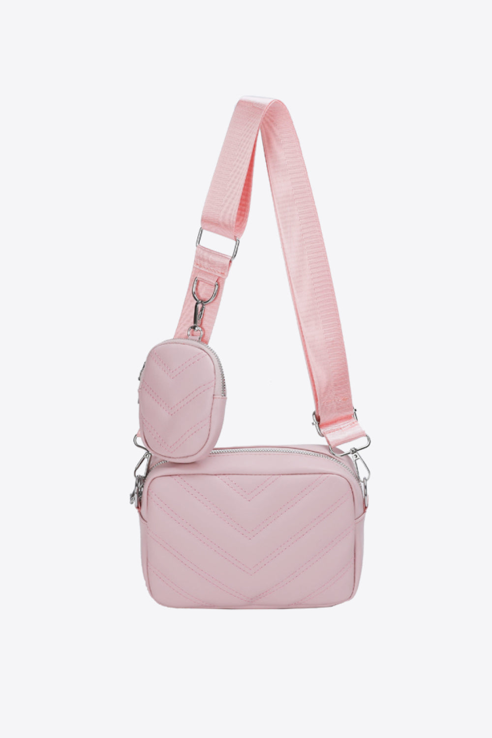 pu leather shoulder bag with small purse, blush pink, white background