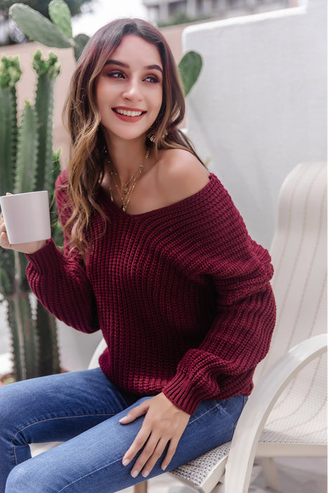 V-Neck Ribbed Knit Sweater