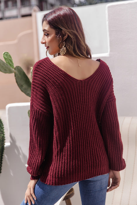 V-Neck Ribbed Knit Sweater