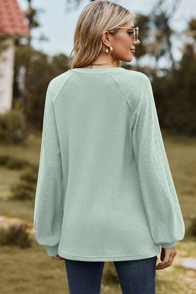 Notched Raglan Sleeve T-Shirt with Eyelet Accents