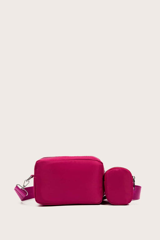polyester shoulder handbag with small purse, cerise, bottom-view, white background
