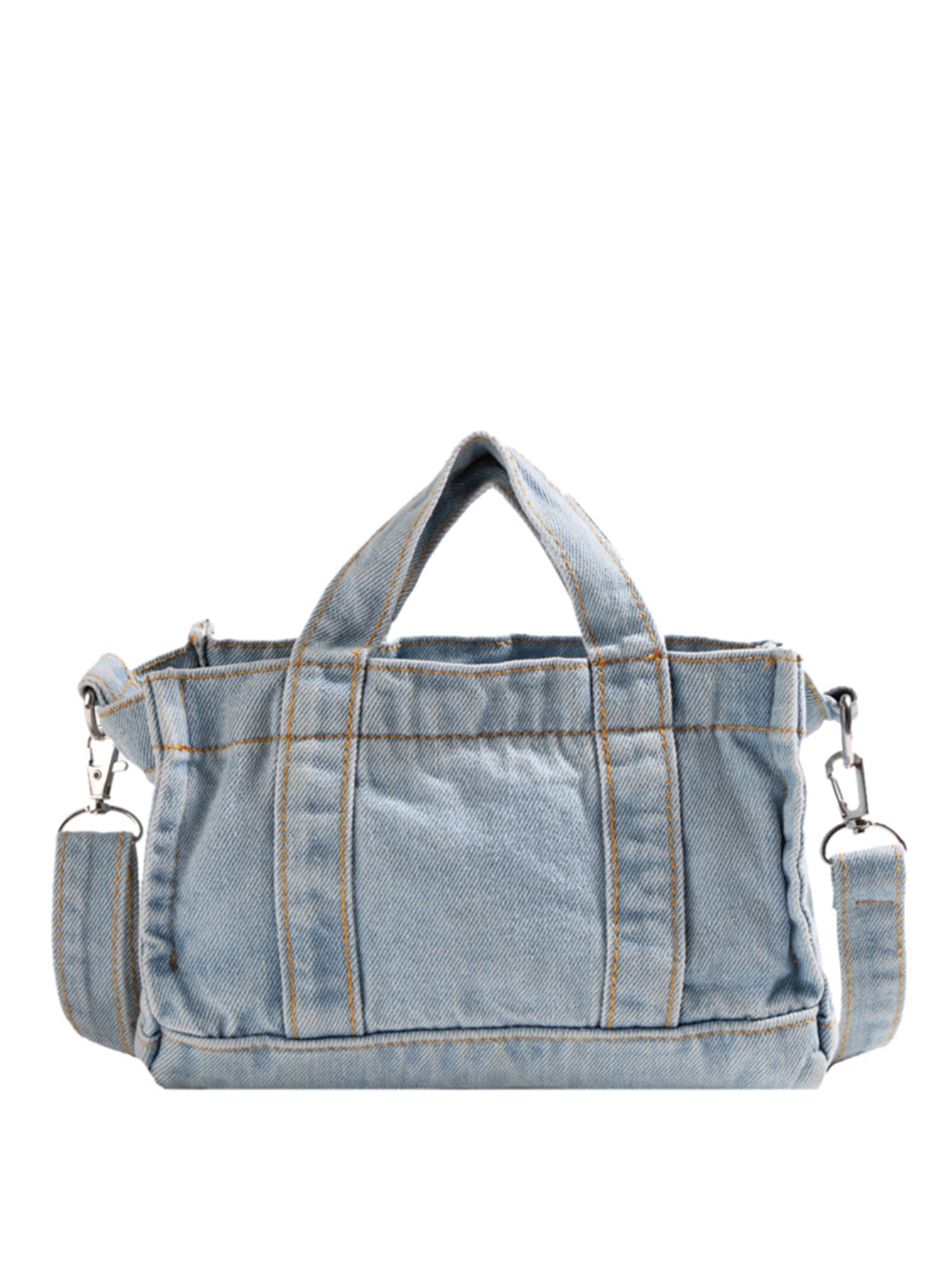 denim shoulder handbag, light blue, front angle, white background