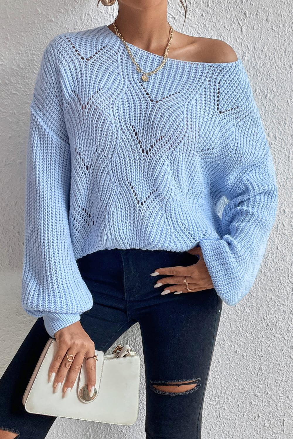 Openwork Boat Neck Dropped Shoulder Sweater