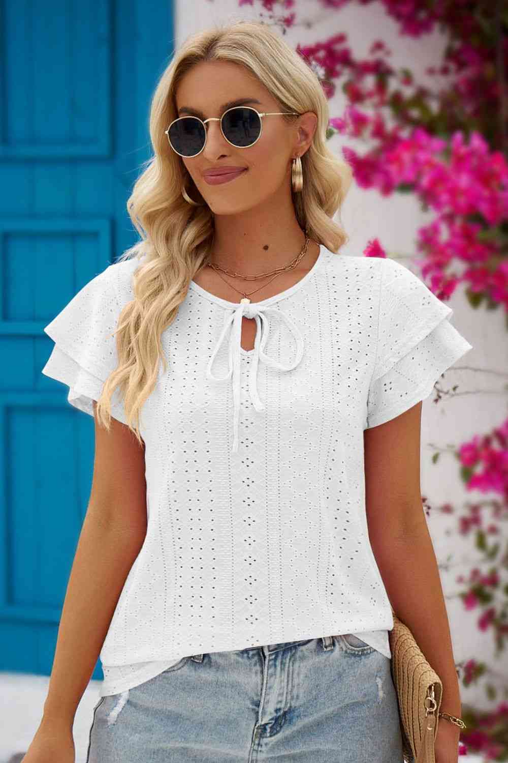Tie-Neck Flutter Sleeve Blouse with Eyelet Accents
