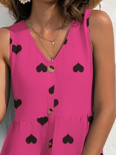 Heart Print V-Neck Sleeveless Dress with Button Detail
