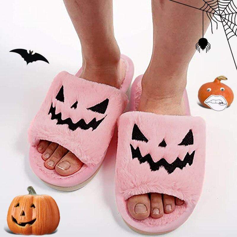 Fuzzy Open Toe Halloween Pumpkin Slippers 🏳 | Slippers | halloween-pumpkin-slippers-open-toe-women-fuzzy-slippers-color-black-720032370