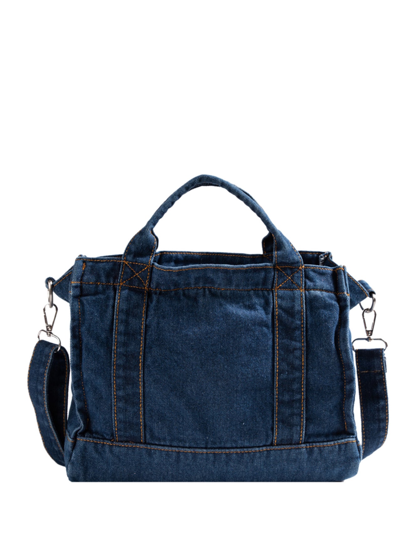 denim shoulder bag, dark blue, rear view, white background