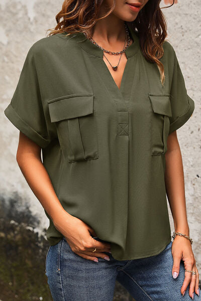 Notched-collar Short Sleeve Blouse with Pockets