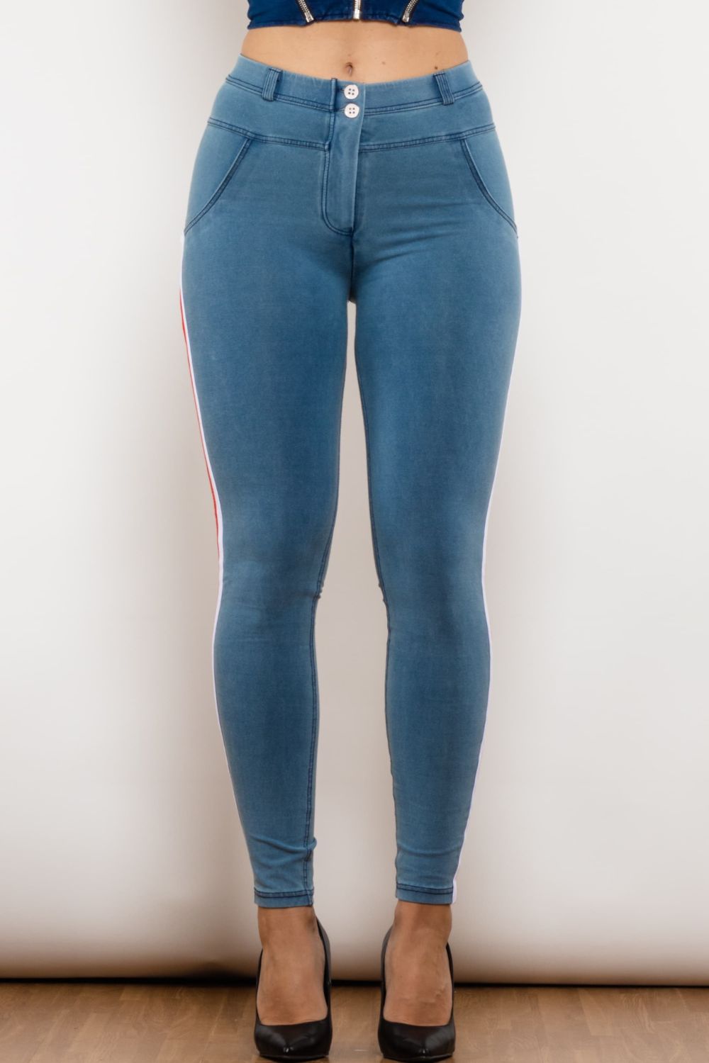Side Stripe Contrast Buttoned Skinny Jeans - Light Blue