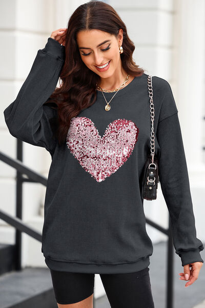 Sequin Heart Round Neck Sweatshirt