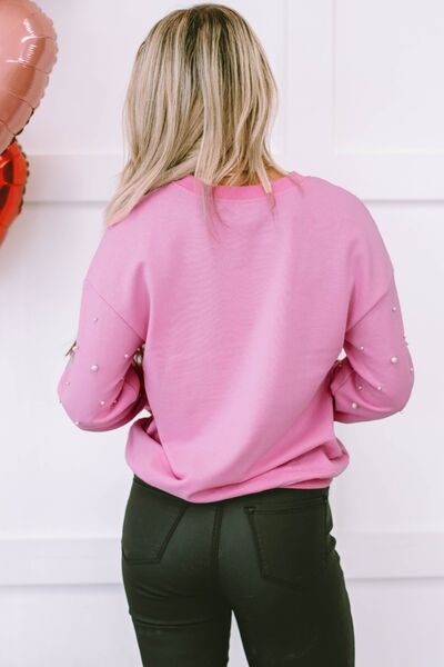 Round Neck Dropped Shoulder Sweatshirt with Pearl Accents