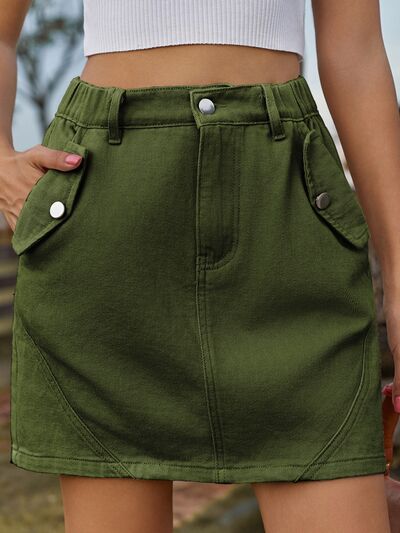 Button-pocket Denim Mini Skirt