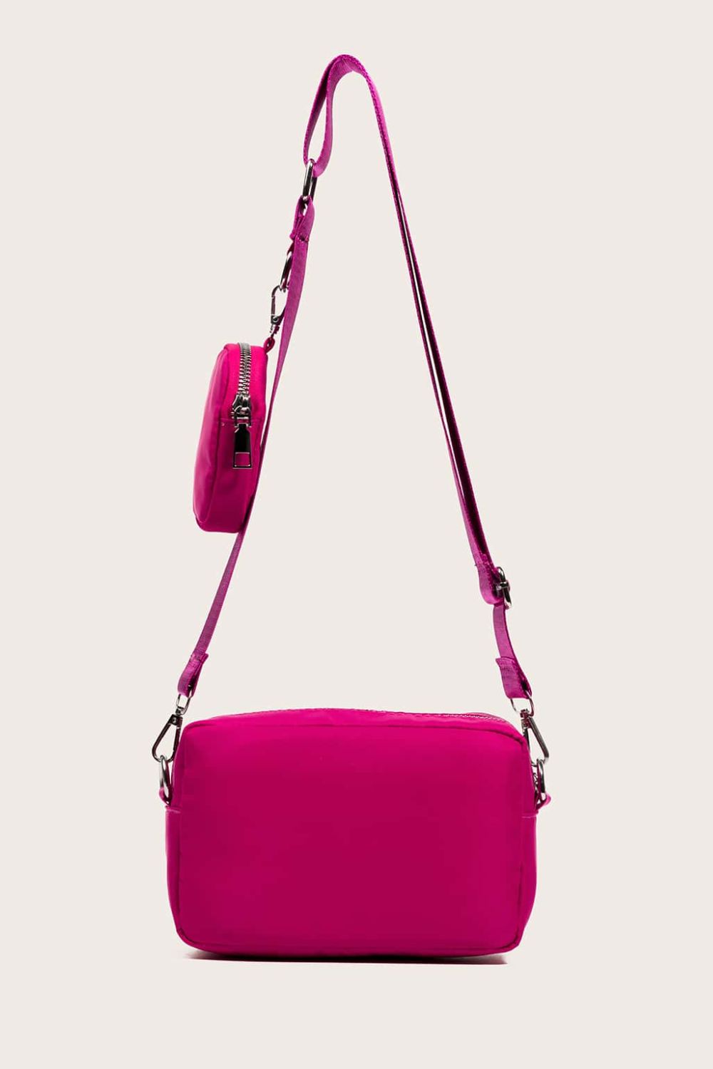 polyester shoulder handbag with small purse, cerise, white background